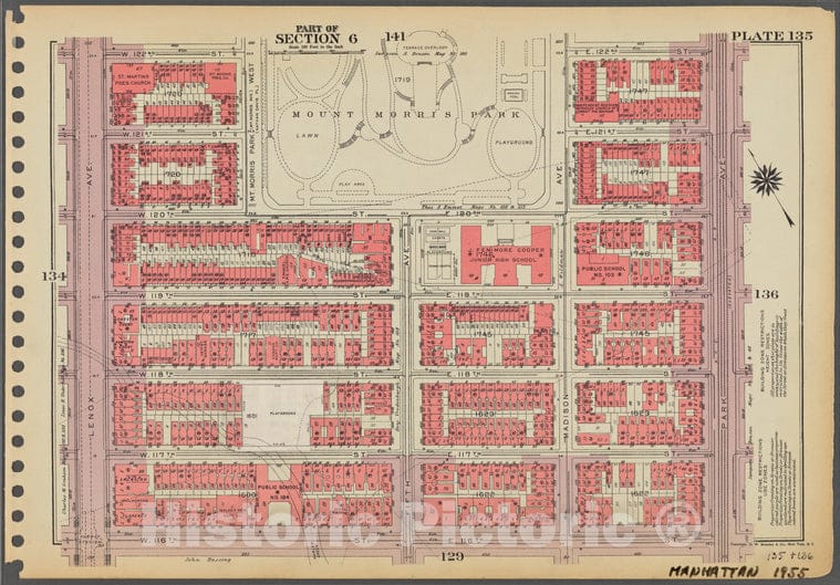 Historic 1955 Map - Plate 135, Part Of Section 6: [Bounded By W. 122Nd Street, Mount - Vintage Wall Art