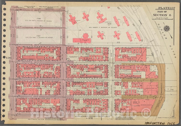 Historic 1955 Map - Plate 137, Part Of Section 6: [Bounded By E. 122Nd Street, First - Vintage Wall Art
