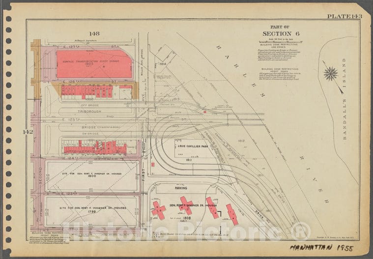Historic 1955 Map - Plate 143, Part Of Section 6: [Bounded By E. 127Th Street, (Harl - Vintage Wall Art