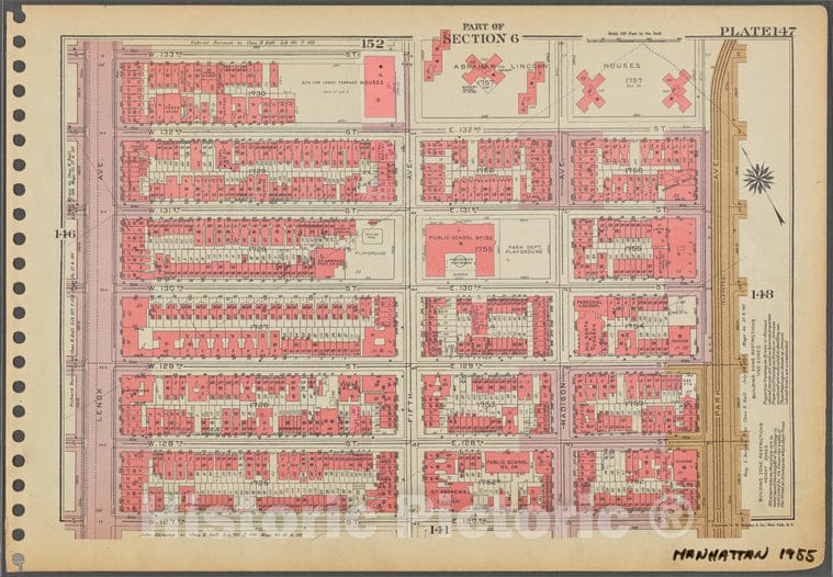 Historic 1955 Map - Plate 147, Part Of Section 6: [Bounded By W. 133Rd Street, Fifth - Vintage Wall Art