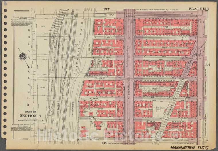 Historic 1955 Map - Plate 153, Part Of Section 7: [Bounded By W. 145Th Street, Amste - Vintage Wall Art