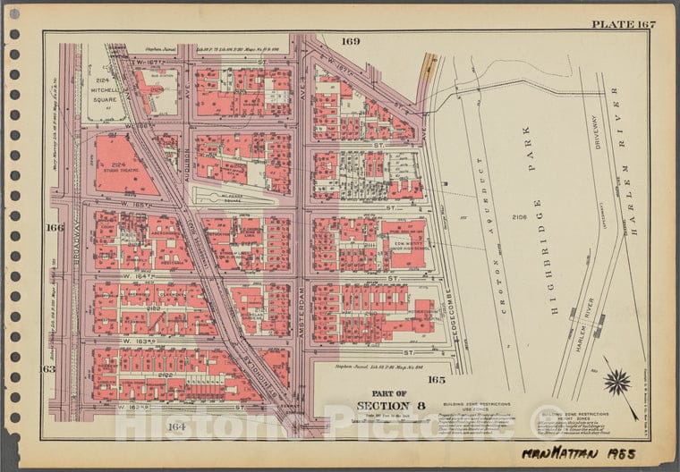 Historic 1955 Map - Plate 167, Part Of Section 8: [Bounded By W. 167Th Street, (Crot - Vintage Wall Art