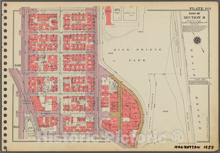 Historic 1955 Map - Plate 169, Part Of Section 8: [Bounded By W. 173Rd Street, (High - Vintage Wall Art