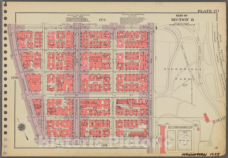 Historic 1955 Map - Plate 171, Part Of Section 8: [Bounded By W. 178Th Street, (High - Vintage Wall Art