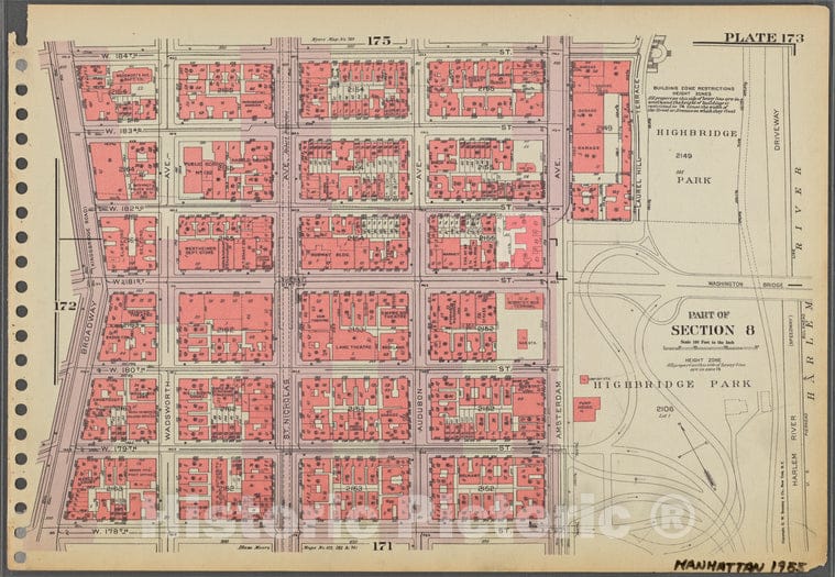 Historic 1955 Map - Plate 173, Part Of Section 8: [Bounded By W. 184Th Street, (High - Vintage Wall Art