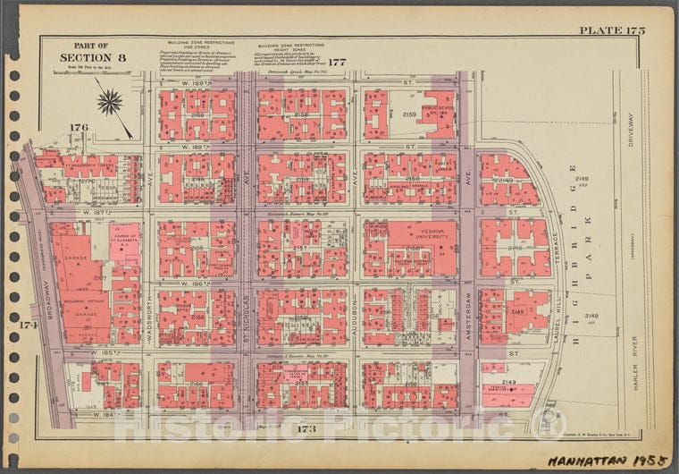 Historic 1955 Map - Plate 175, Part Of Section 8: [Bounded By W. 189Th Street, Amste - Vintage Wall Art