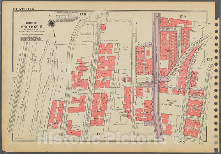 Historic 1955 Map - Plate 176, Part Of Section 8: [Bounded By W. 193Rd Street, Wadsw - Vintage Wall Art