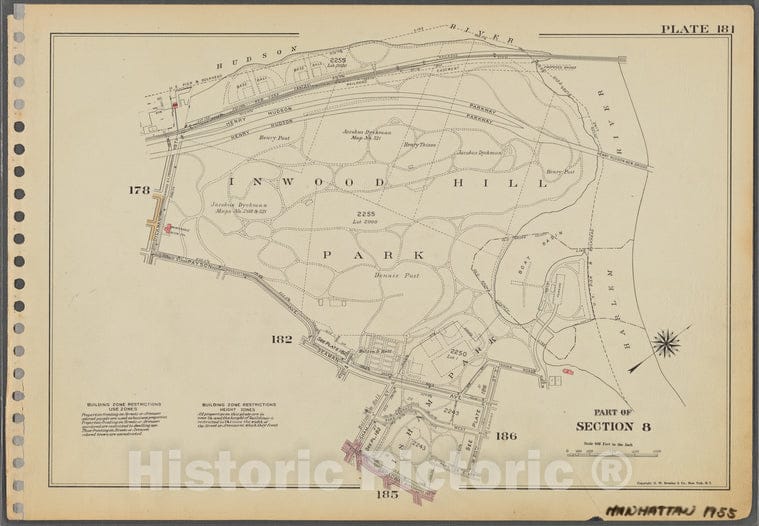 Historic 1955 Map - Plate 181, Part Of Section 8: [Inwood Hill Park, Bounded By Huds - Vintage Wall Art
