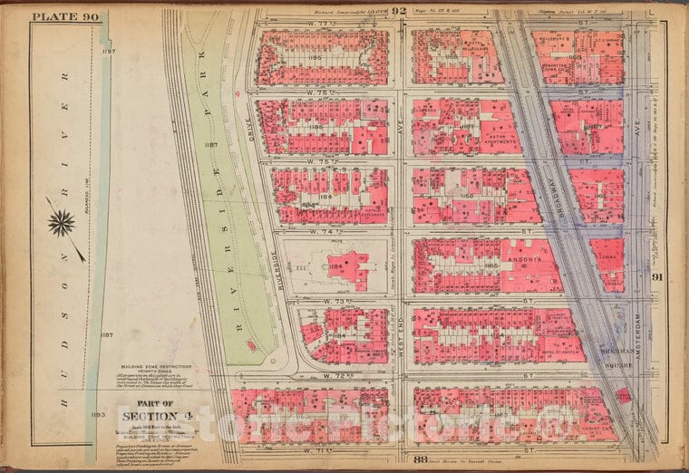 Historic 1921 Map - Plate 90: [Bounded By W. 77Th Street, Amsterdam Avenue, W. 71St - Vintage Wall Art