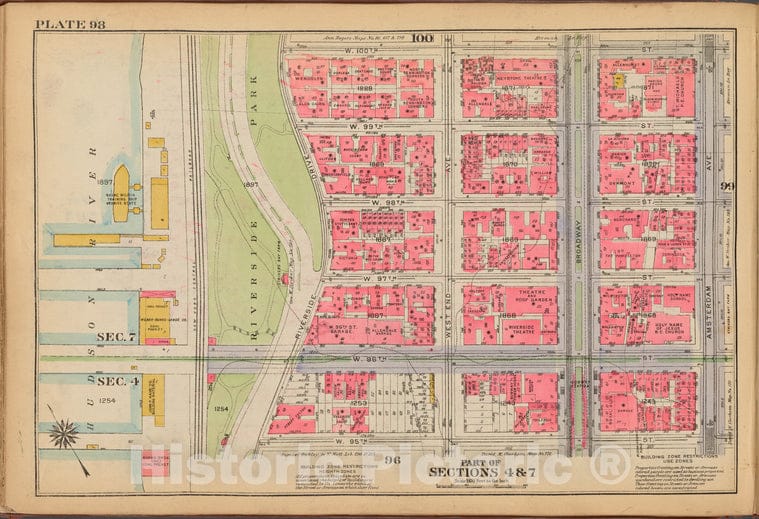 Historic 1921 Map - Plate 98: [Bounded By W. 100Th Street, Amsterdam Avenue, W. 95Th - Vintage Wall Art