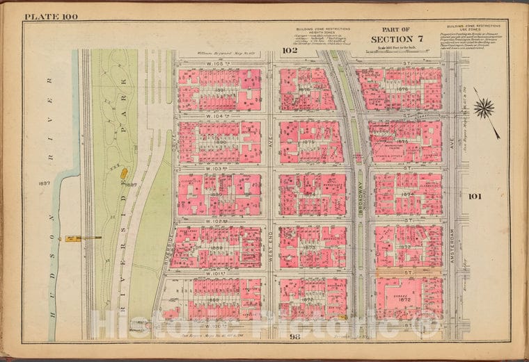 Historic 1921 Map - Plate 100: [Bounded By W. 105Th Street, Amsterdam Avenue, W. 100 - Vintage Wall Art