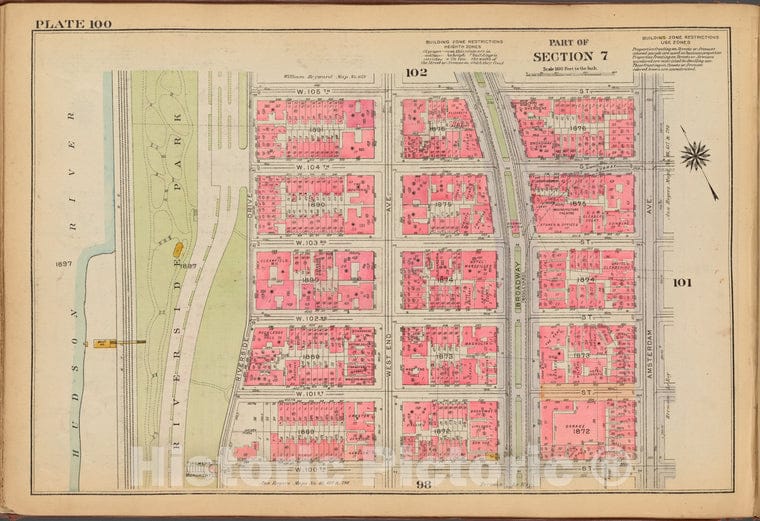 Historic 1921 Map - Plate 100: [Bounded By W. 105Th Street, Amsterdam Avenue, W. 100 - Vintage Wall Art