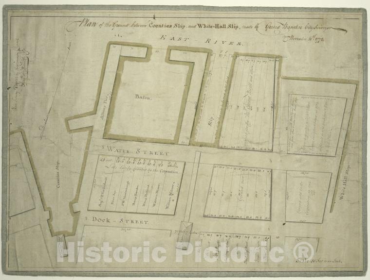 Historic 1772 Map - Plan Of The Ground Between Coenties Slip And White-Hall Slip - New York (State) - New York - New York (N.Y.) American Historical Prints. - Vintage Wall Art