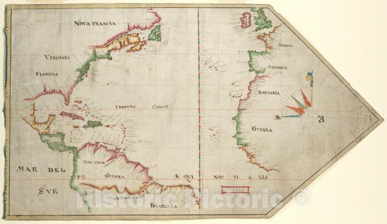 Historic 1607 Map - The Virginia Company Chart - Atlantic Coast (Europe)- Atlantic Coast (Africa, West) - Americaamerican Historical Prints. - Vintage Wall Art