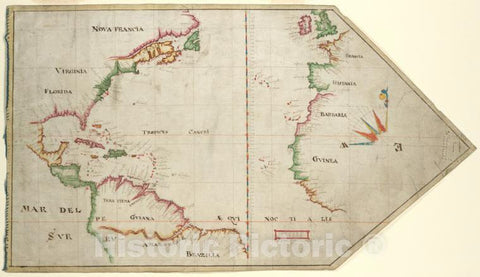 Historic 1607 Map - The Virginia Company Chart - Atlantic Coast (Europe)- Atlantic Coast (Africa, West) - Americaamerican Historical Prints. - Vintage Wall Art