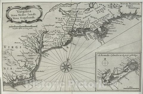 Historic 1651 Map - Virginia Nieu Neder-Landt. Nieu Engelandt. - Atlantic States - Bermuda Islandsamerican Historical Prints. - Vintage Wall Art