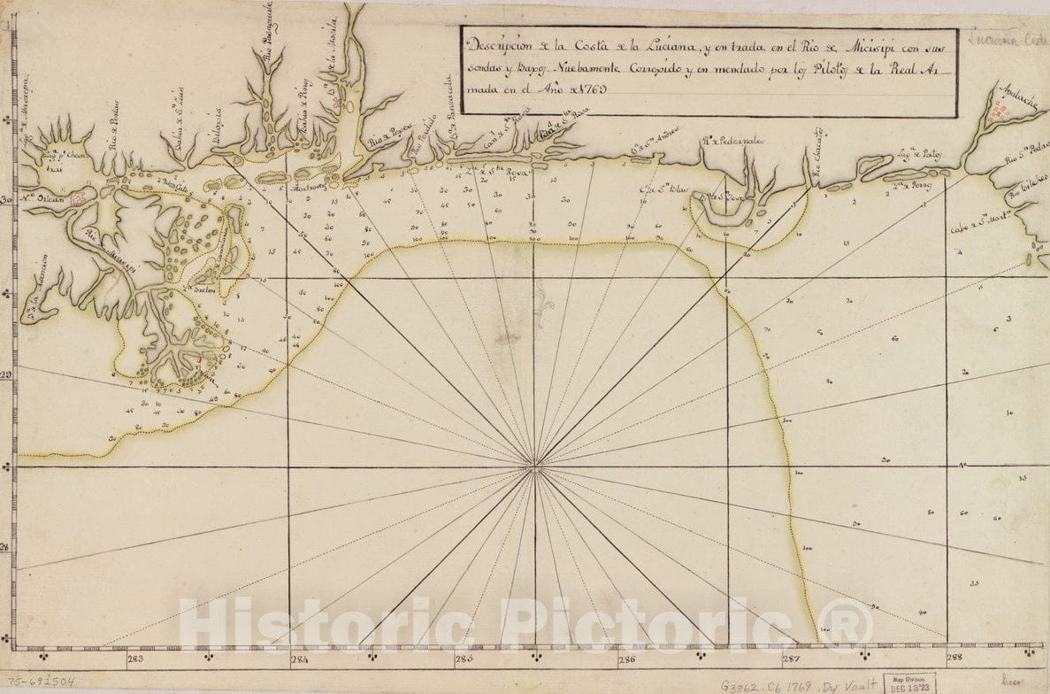 Historical Map, 1769 DescripcioIn de la Costa de la Luciana y entrada en el RiIo de Micisipi con sus sondas y bajos, nuebamente correjido y enmendado, 1769, Vintage Wall Art