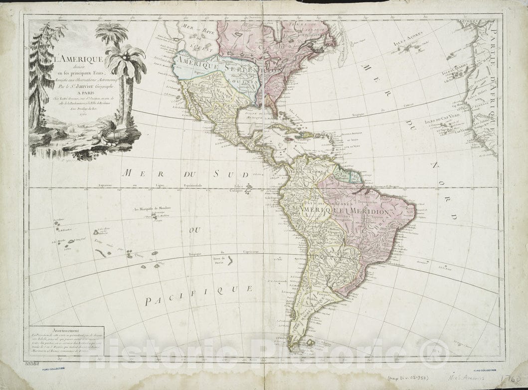Historical Map, 1760 L'Amerique : diviseIe en SES principaux etats, assujetie aux observations astronomiqes, Vintage Wall Art