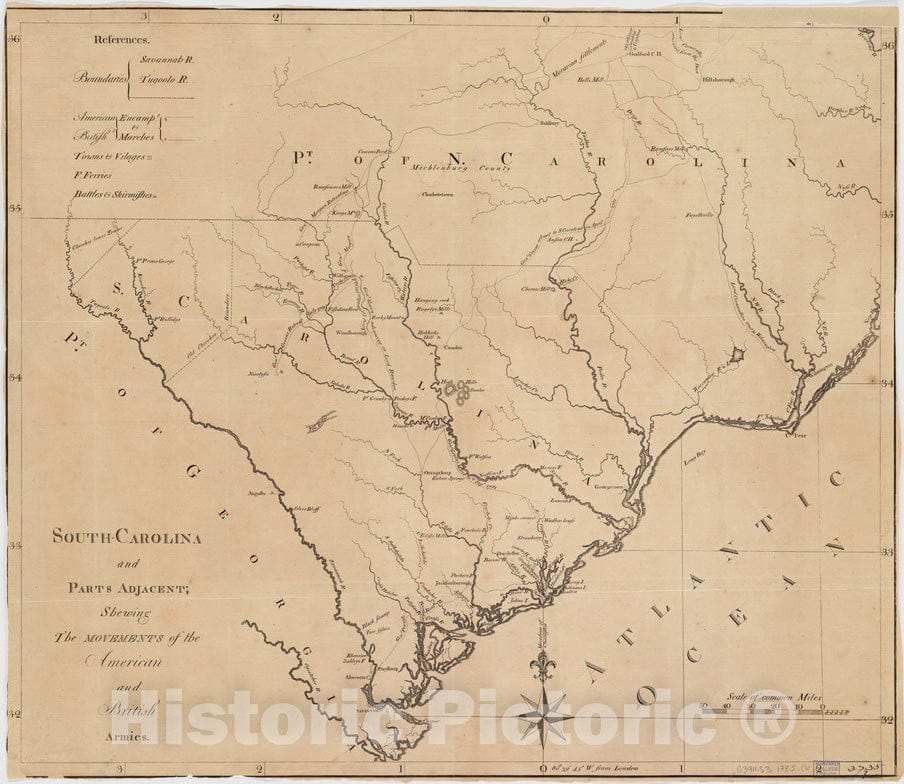 Historical Map, 1785 South-Carolina and Parts Adjacent : shewing The Movements of The American and British Armies, Vintage Wall Art