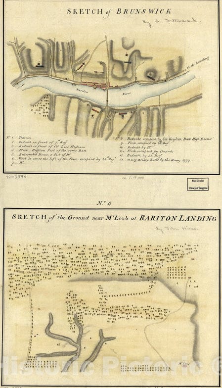 Historical Map, 1777 Sketch of Brunswick : Sketch of The Ground Near Mr. Low's at Rariton Landing, Vintage Wall Art