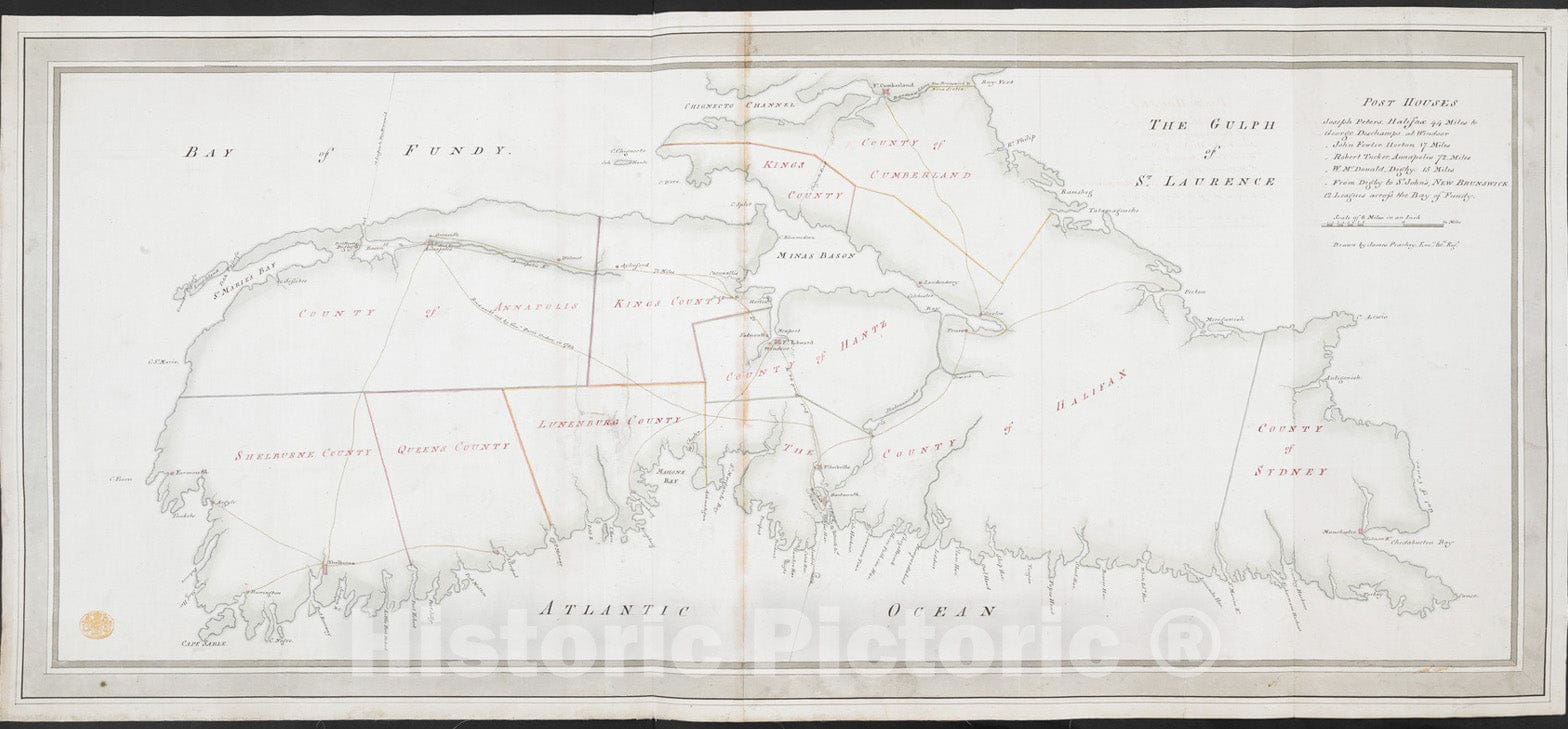 Historical Map, 1787 [A map of Nova Scotia Showing The Post Roads], Vintage Wall Art