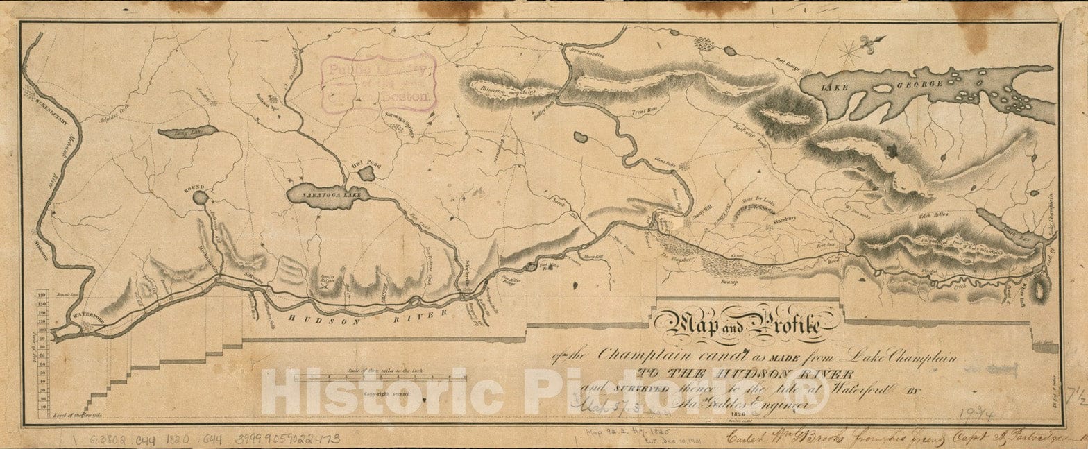 Historical Map, 1820 Map and Profile of The Champlain Canal as Made from Lake Champlain to The Hudson River and surveyed thence to The Tide at Waterford, Vintage Wall Art