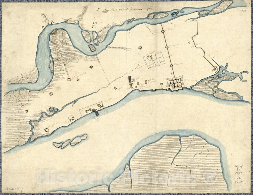 Historical Map, 1782 St. Augustine and its Environs, Vintage Wall Art