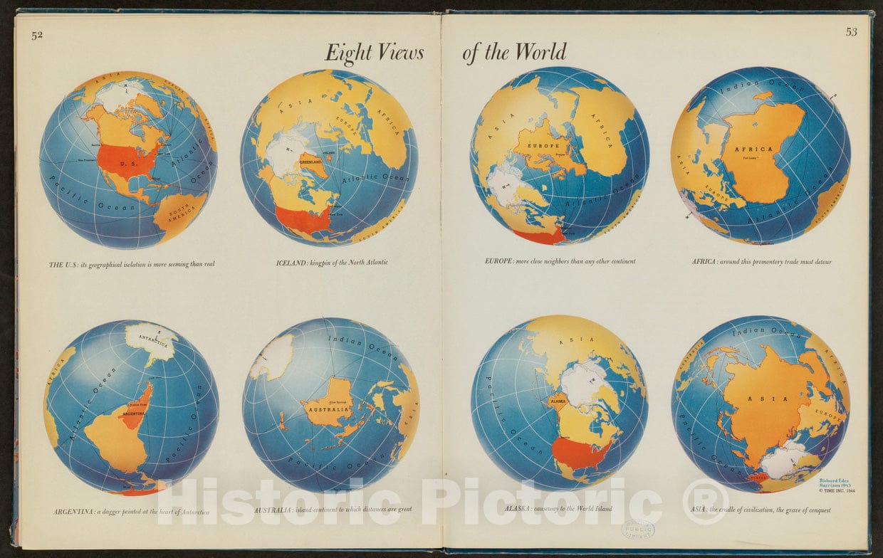 Historical Map, 1944 Eight Views of The World, Vintage Wall Art