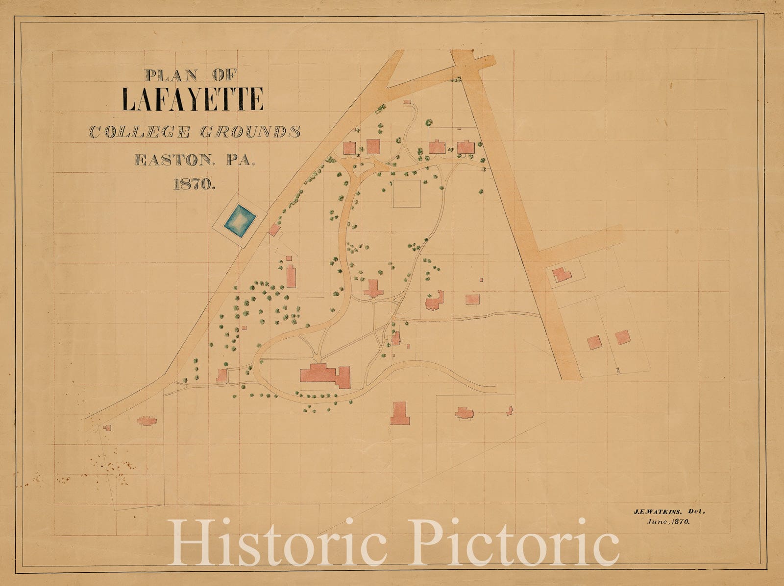 Historical Map, 1870 Plan of Lafayette College Grounds Easton, Pa, Vintage Wall Art