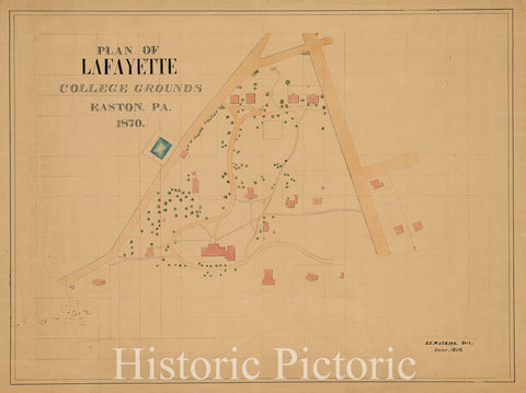 Historical Map, 1870 Plan of Lafayette College Grounds Easton, Pa, Vintage Wall Art
