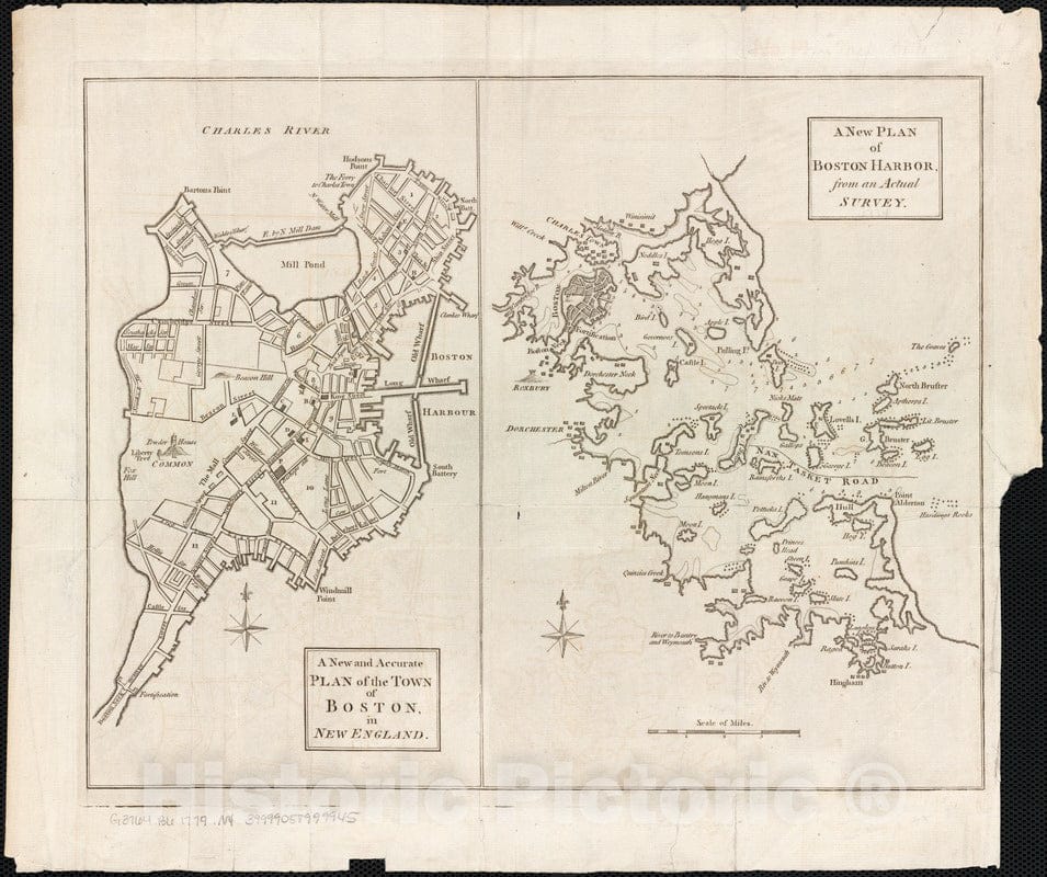 Historical Map, 1774 A New and Accurate Plan of The Town of Boston in New England : A New Plan of Boston Harbor from an Actual Survey, Vintage Wall Art