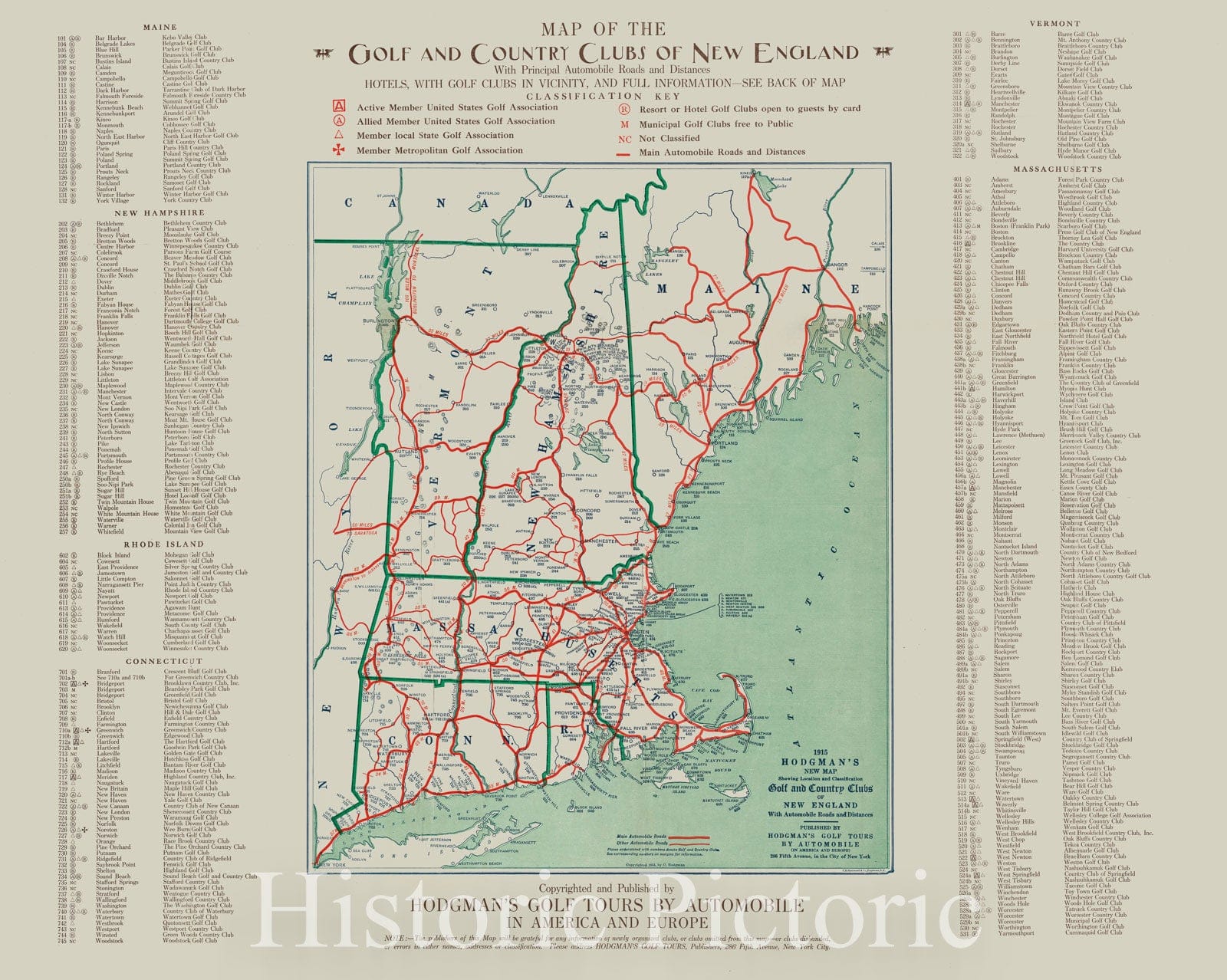 Historical Map, 1915 Hodgman's new map showing location and classification golf and country clubs of New England with automobile roads and distances, Vintage Wall Art