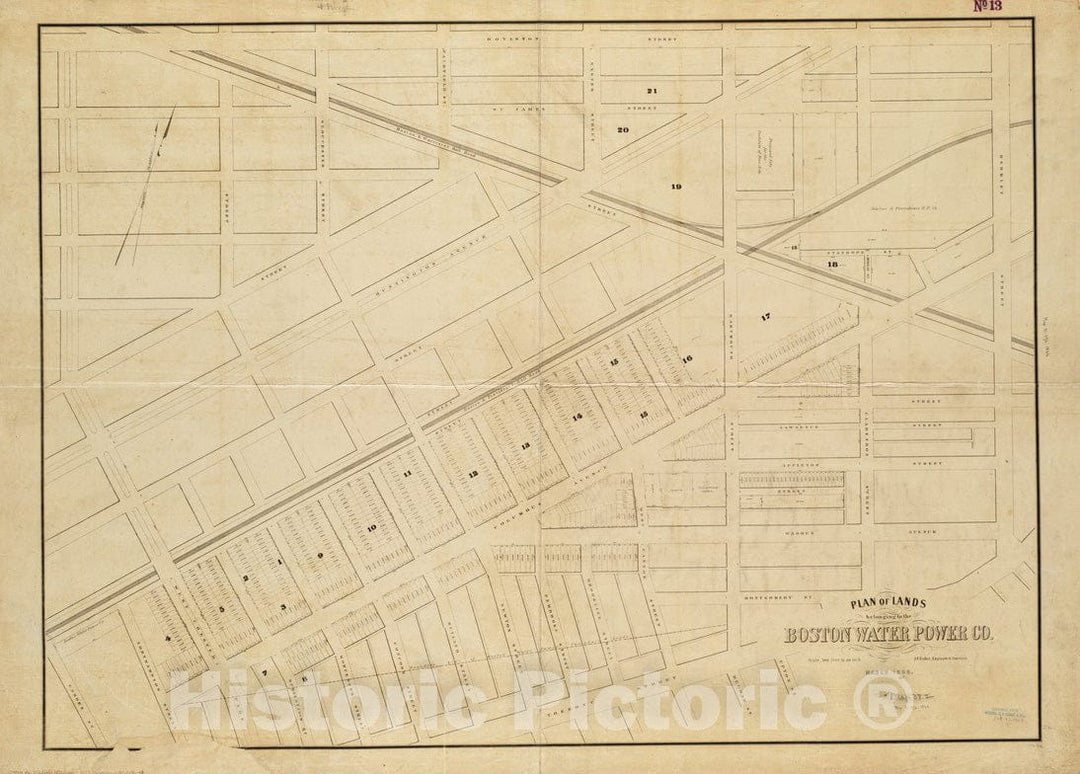 Historical Map, 1866 Plan of Lands Belonging to The Boston Water Power Co, Vintage Wall Art