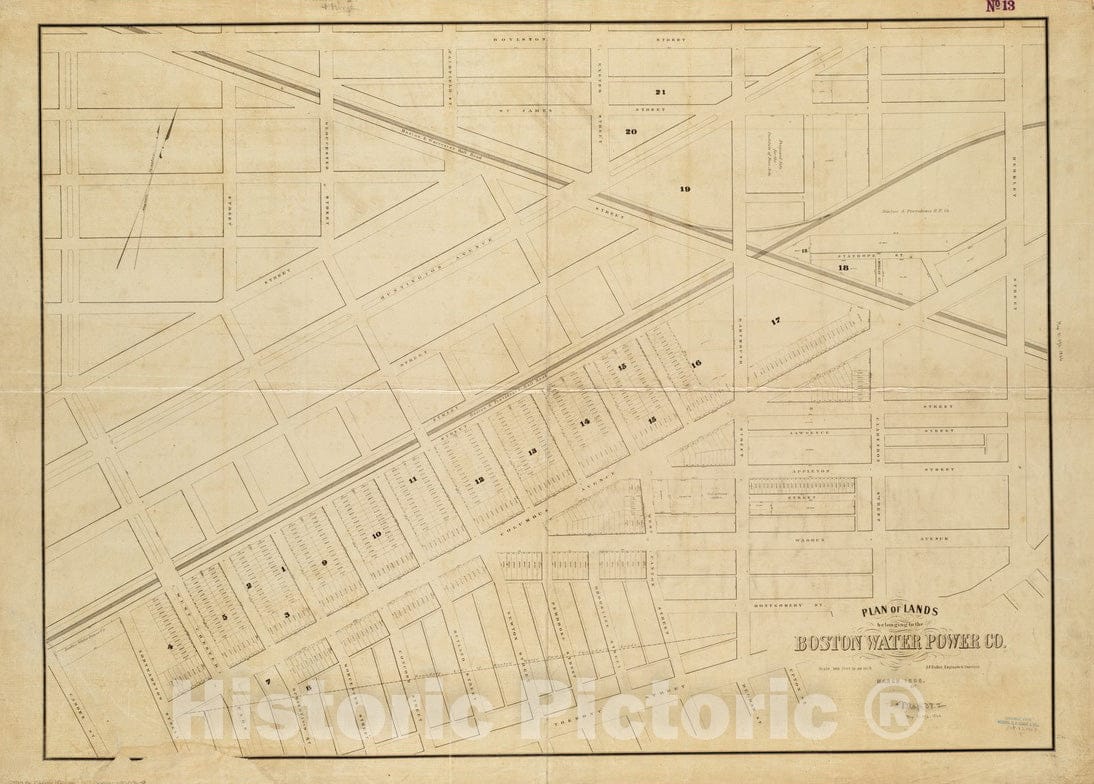 Historical Map, 1866 Plan of Lands Belonging to The Boston Water Power Co, Vintage Wall Art