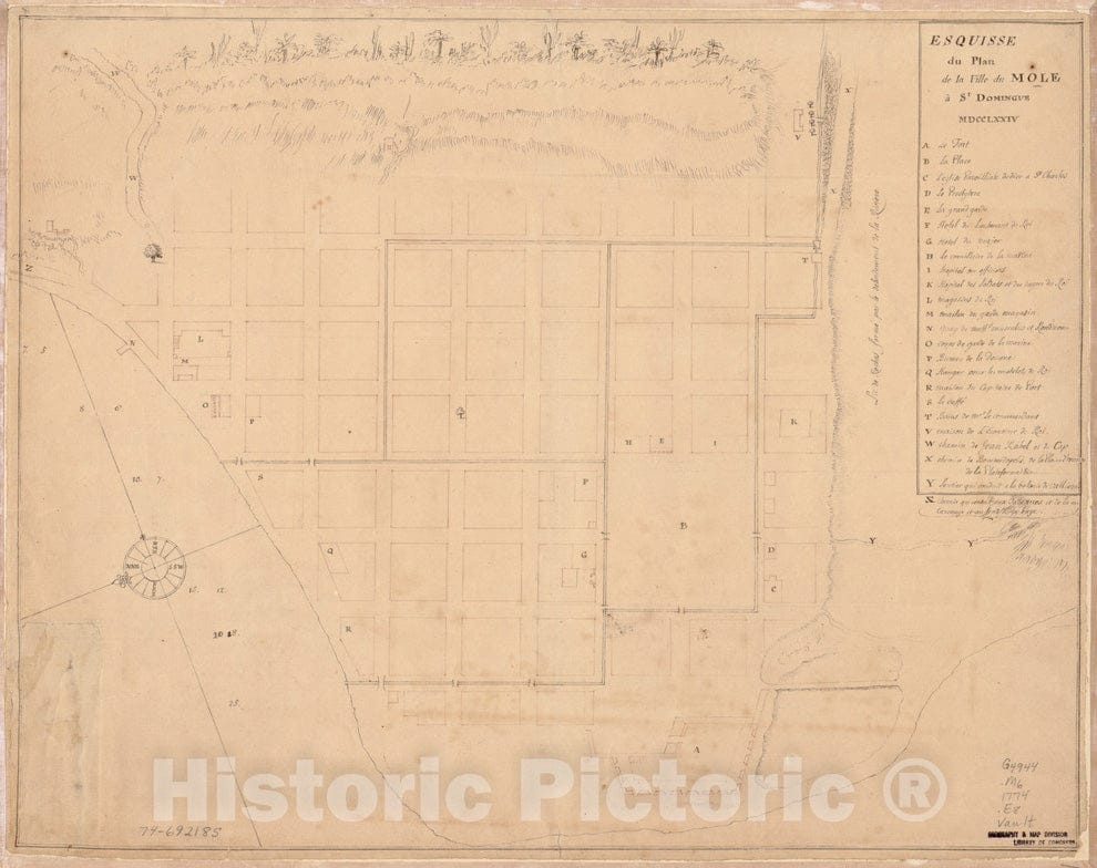 Historical Map, 1774 Esquisse du Plan de la Ville du Mole a St. Domingue, Vintage Wall Art