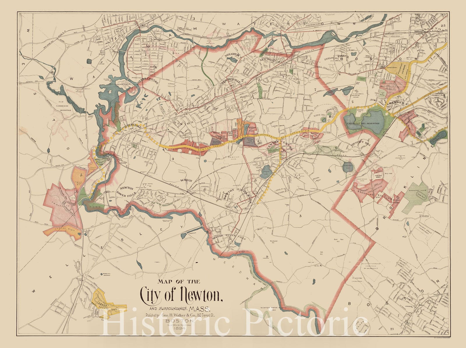 Historical Map, 1894 Map of The City of Newton, and surroundings, Mass, Vintage Wall Art