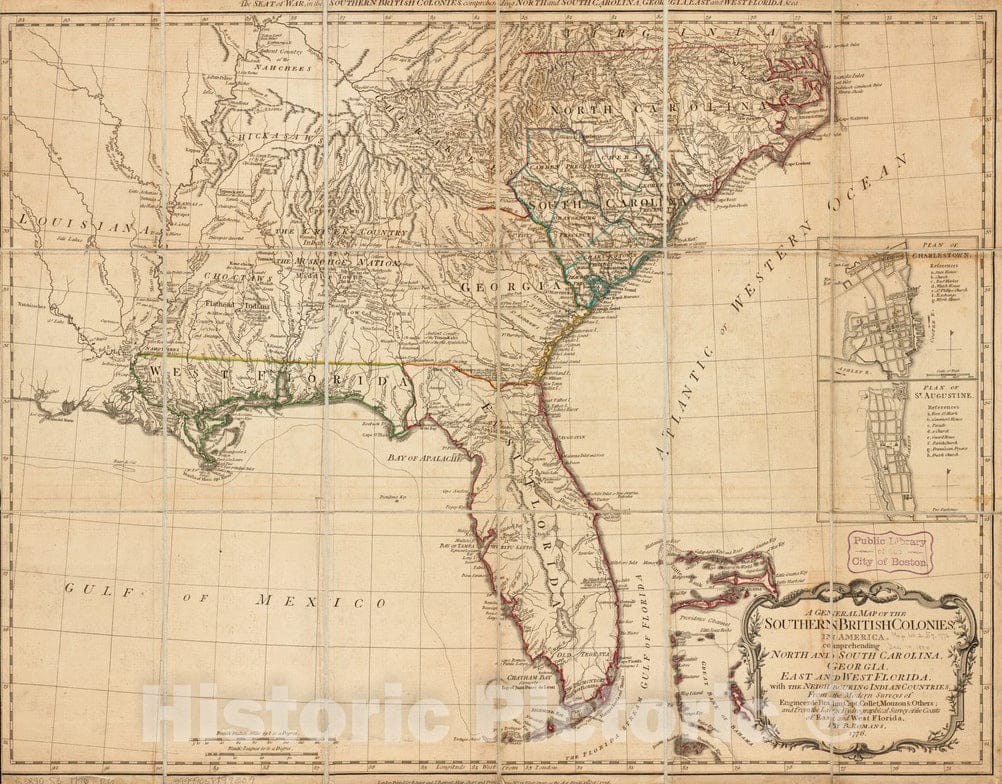 Historical Map, 1776 A General map of The Southern British Colonies in America comprehending North and South Carolina, Georgia, East and West Florida, Vintage Wall Art