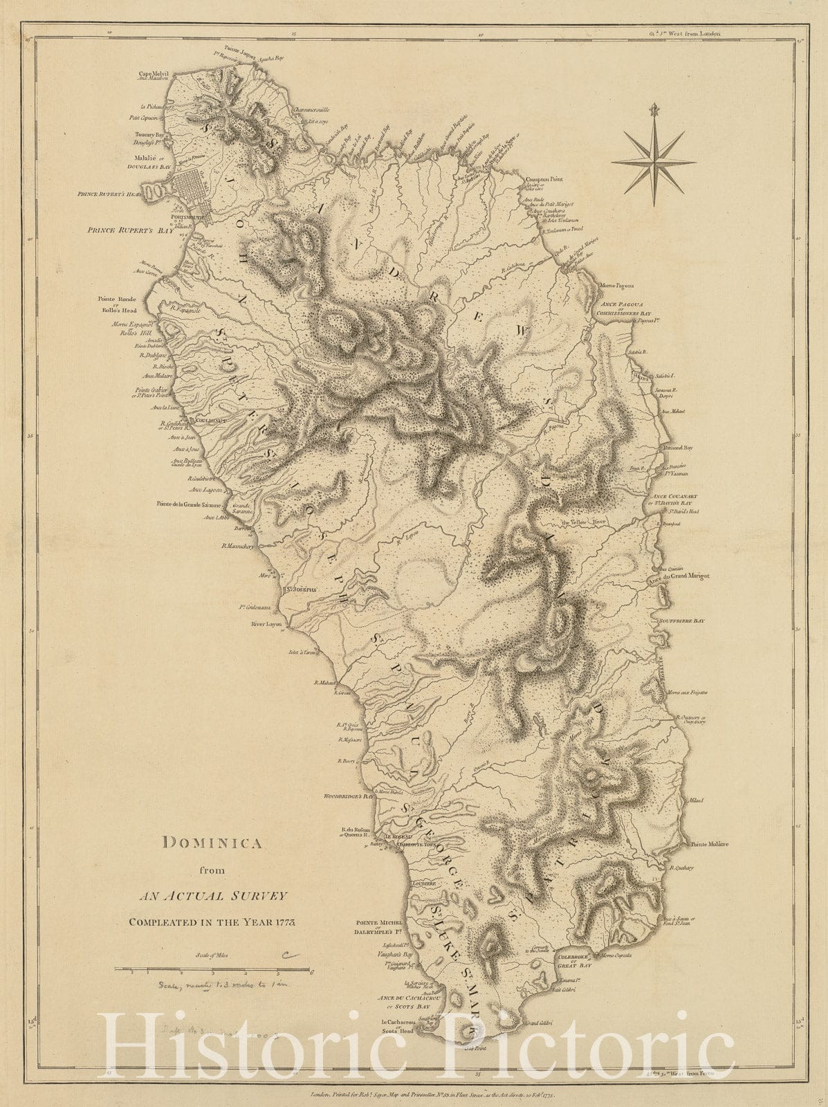 Historical Map, Dominica from an Actual Survey compleated in The Year 1773, Vintage Wall Art