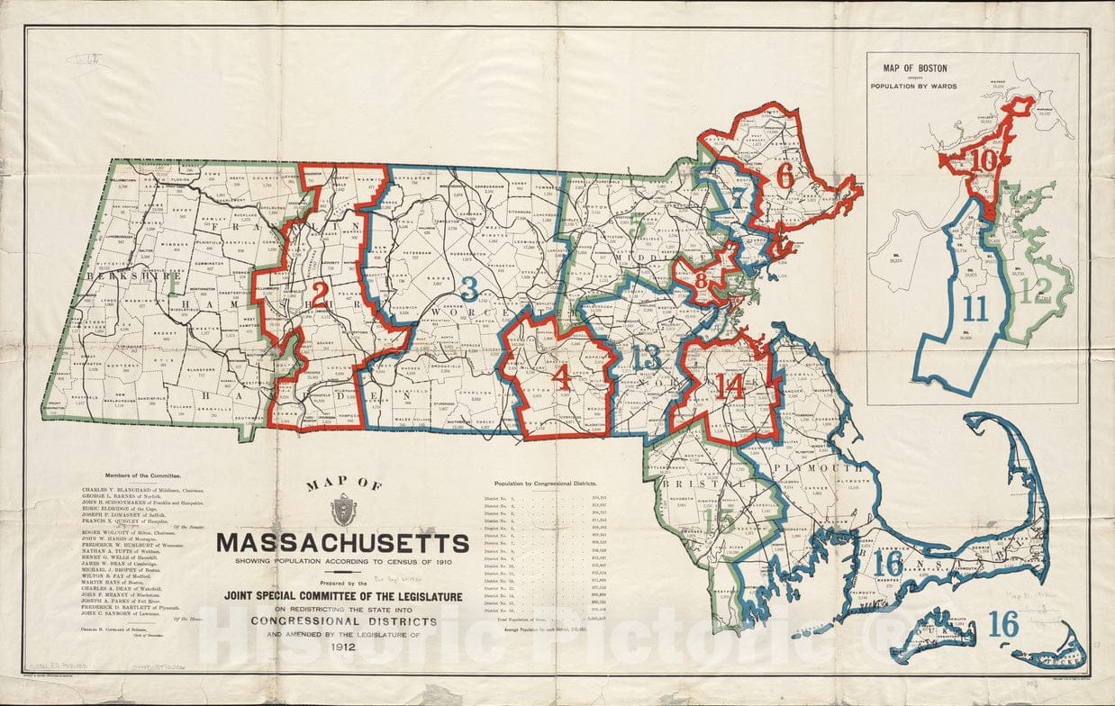 Historical Map, 1912 Map of Massachusetts showing population according to census of 1910, Vintage Wall Art