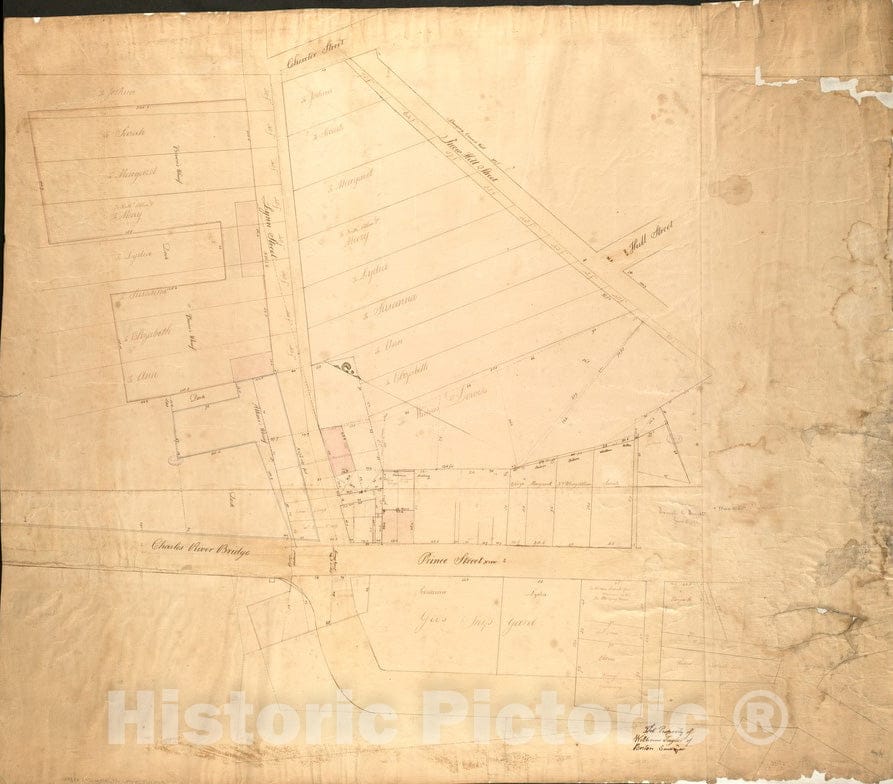 Historical Map, 1810-1820 [Plan of estates on Charles River bridge, Prince Street, Lynn Court, and Snow Hill Street], Vintage Wall Art
