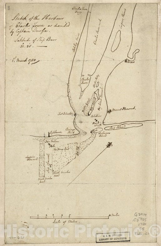 Historical Map, 1780 Sketch of The Harbour of Charles Town, Vintage Wall Art