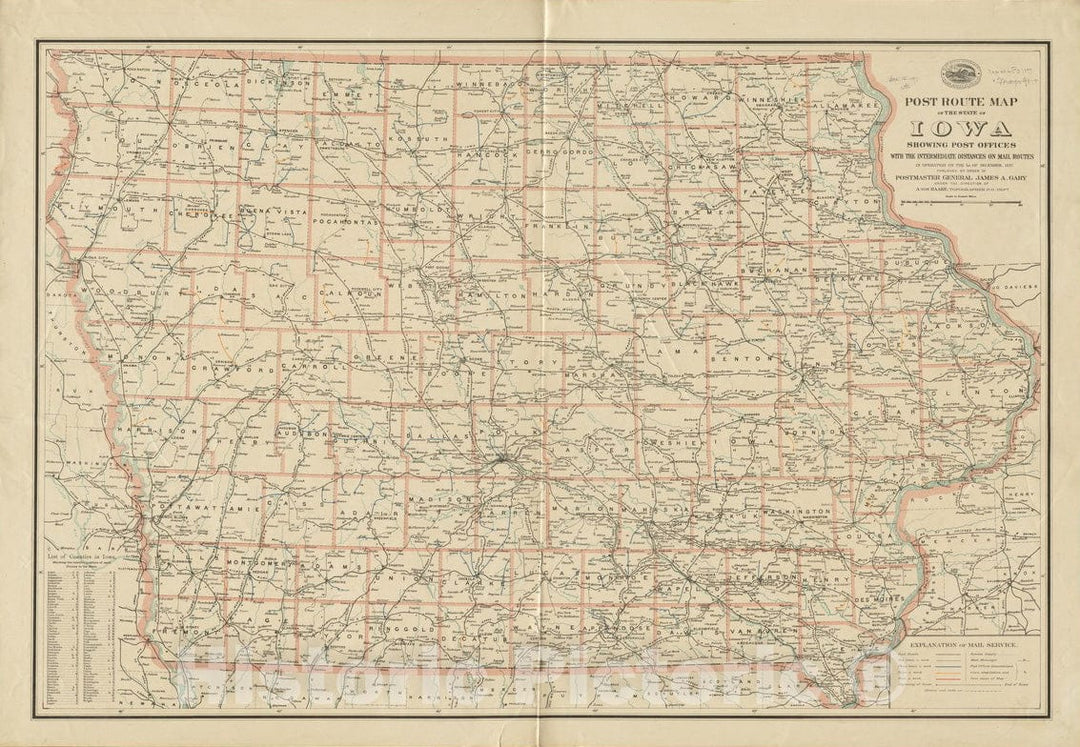 Historical Map, 1897 Post Route map of The State of Iowa Showing Post Offices with The Intermediate Distances on Mail Routes in Operation on The 1st of December, 1897, Vintage Wall Art
