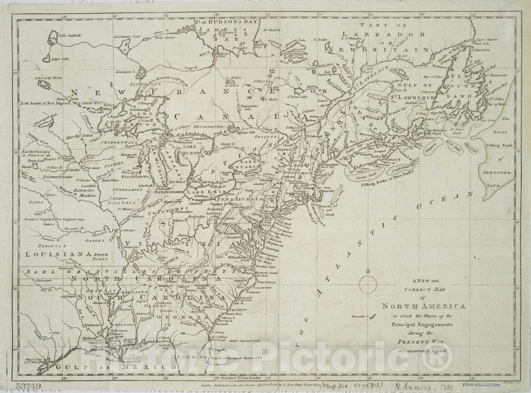 Historical Map, 1780 A New and Correct map of North America : in which The Places of The Principal engagements During The Present war are accurately Inserted, Vintage Wall Art : 5131837