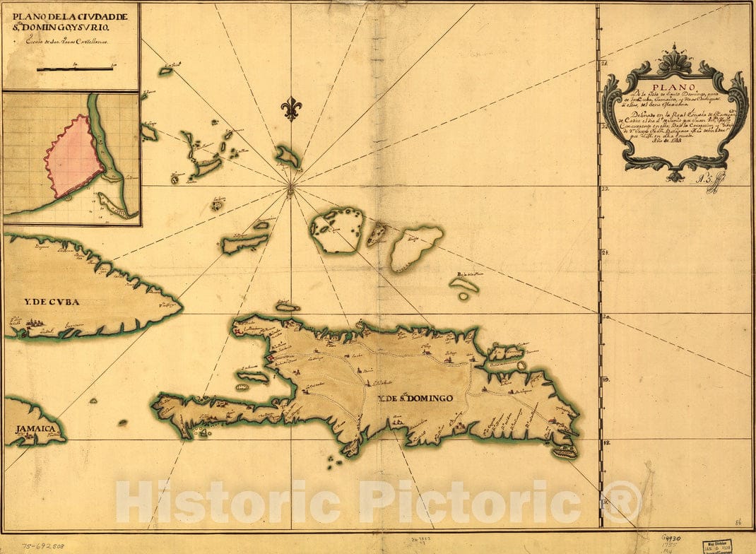 Historical Map, 1755 Plano de la Ysla de Santo Domingo, parte de las Cuba, Jamaica y otras contiguas a ellas, del seno mexicano, Vintage Wall Art