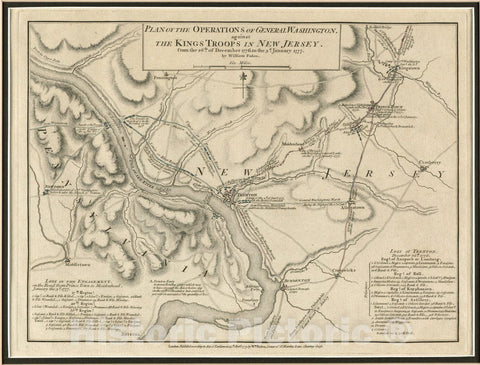 Historical Map, 1777 Plan of The Operations of General Washington, Against The Kings Troops in New Jersey : from The 26th. of December 1776, to The 3D. January 1777, Vintage Wall Art
