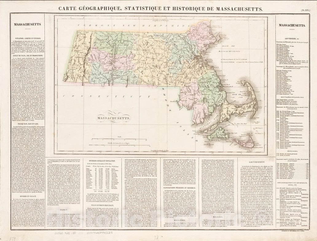 Historical Map, 1825 Carte geIographique, statistique et historique de Massachusetts, Vintage Wall Art