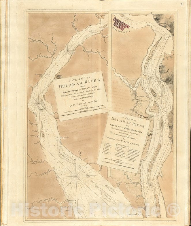 Historical Map, 1779 A chart of Delawar River from Bombay Hook to Ridley Creek, with soundings et cetera taken by Lt. Knight of the Navy, Vintage Wall Art