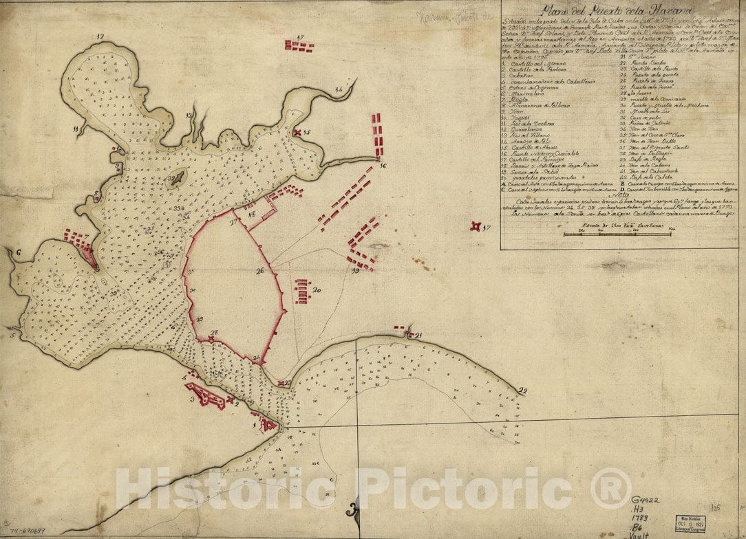 Historical Map, 1790 Plano del Puerto de la Havana, situado en la Parte del N. de la ysla de Cuba en la lattd. de 23aÂ°10EÂ¹ y en longd. astronoImica de 293aÂ°47, Vintage Wall Art