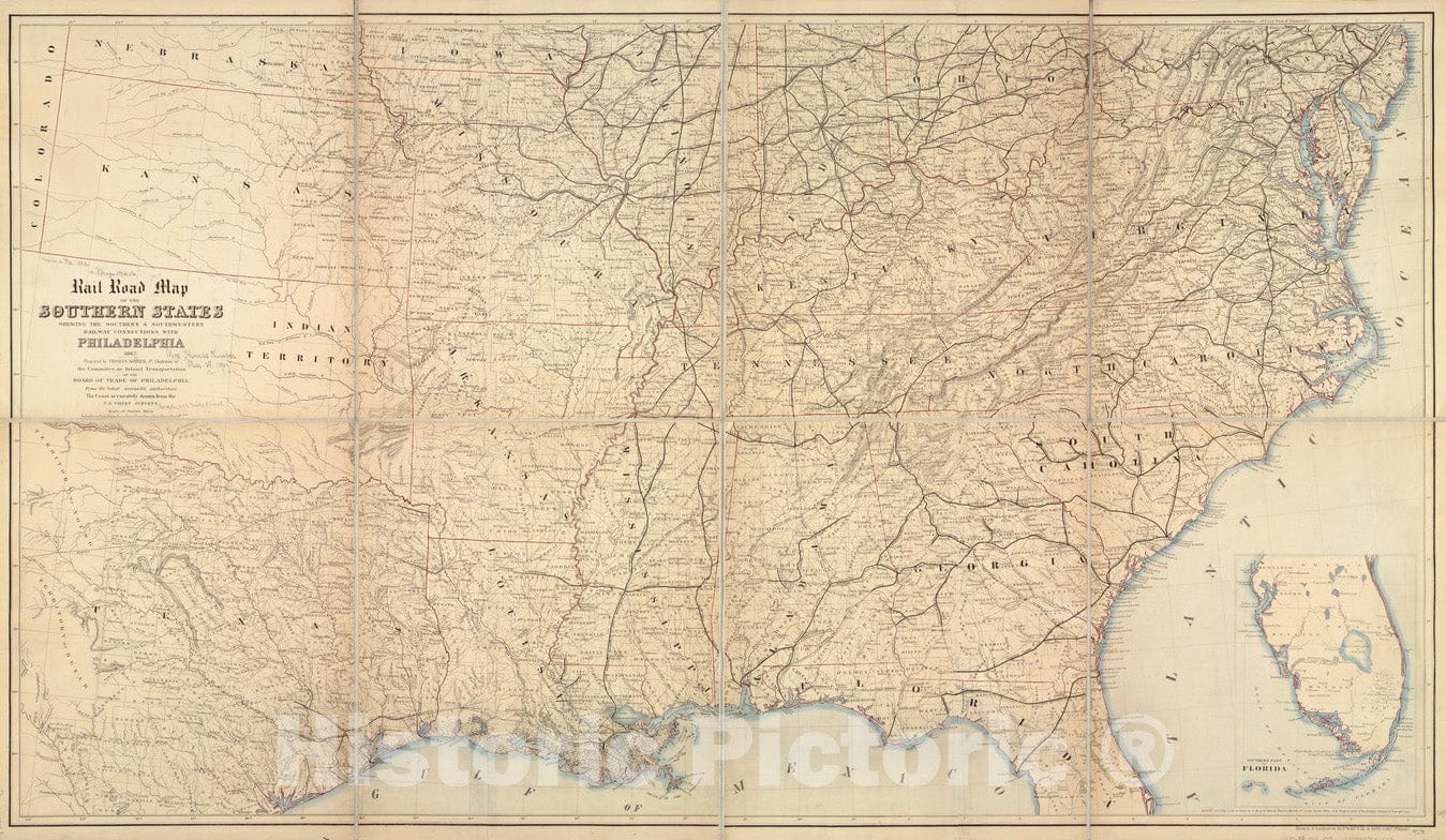 Historical Map, 1862 Rail road map of the southern states shewing the southern & southwestern railway connections with Philadelphia, Vintage Wall Art