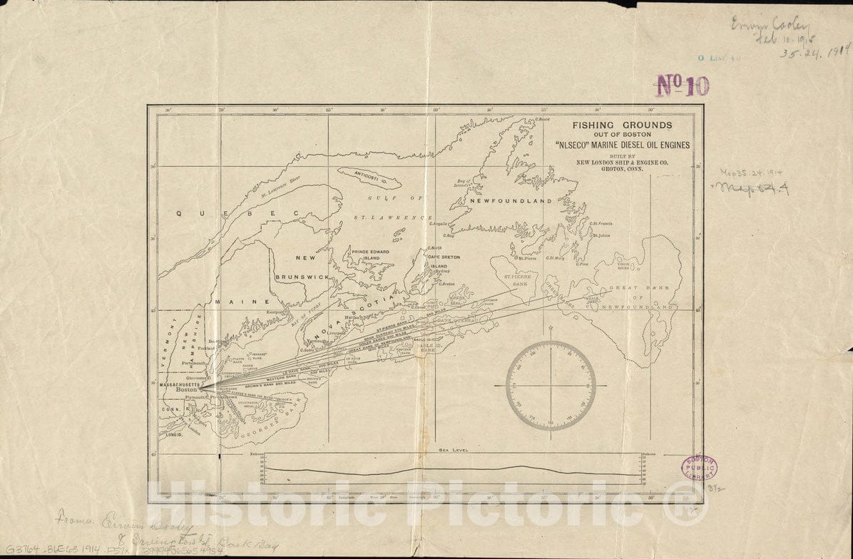 Historical Map, 1914 Fishing Grounds Out of Boston : NLSECO Marine Diesel Oil Engines ; Built by New London Ship & Engine Co, Groton, Conn, Vintage Wall Art